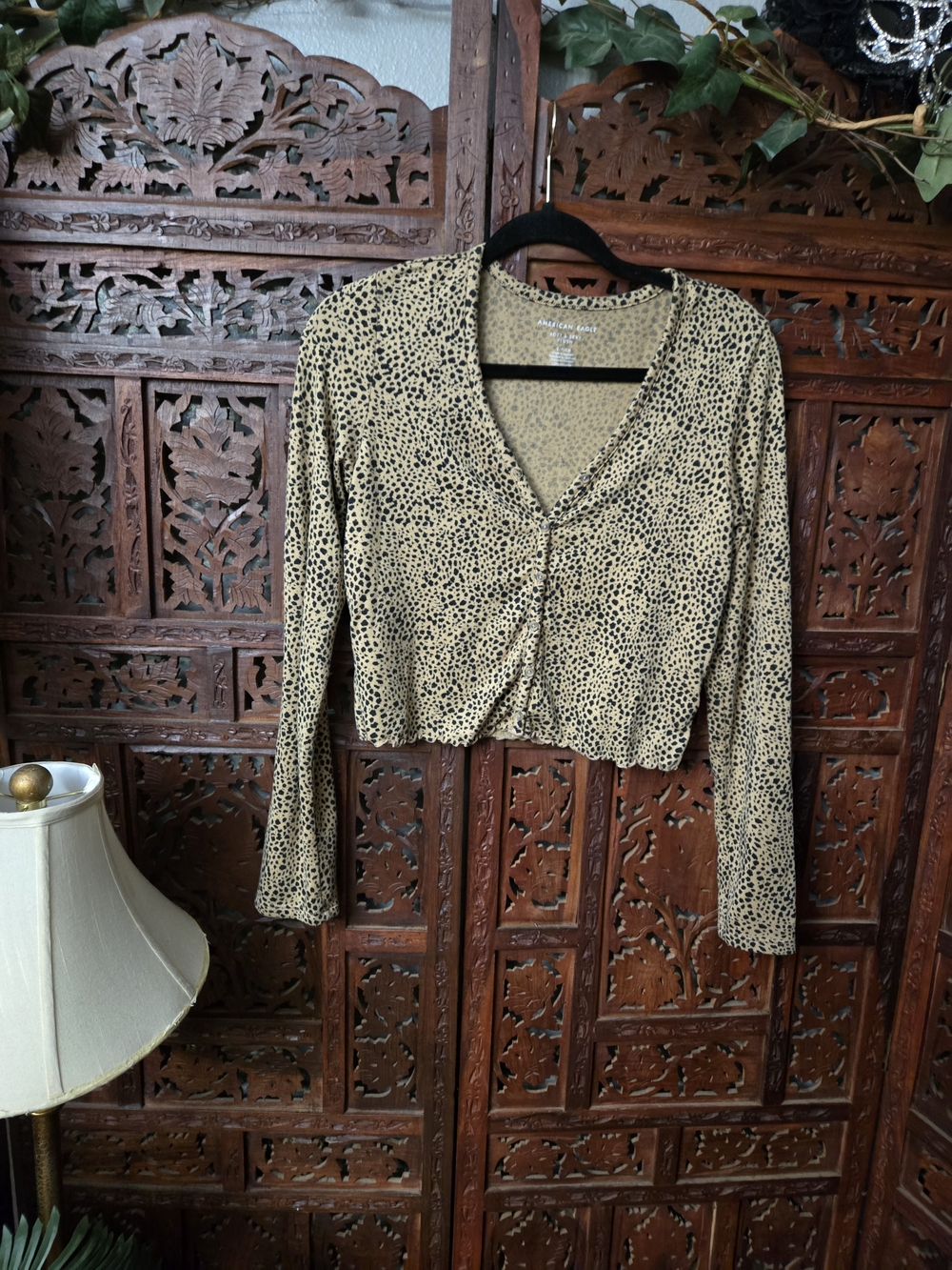 American Eagle Outfitters Beige and Black Animal Print V-Neck Crop Top